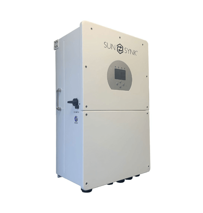 SUNSYNK 16kW Single Phase Inverter with Dongle featuring LCD display and control buttons. Ideal for lead-acid or lithium-ion batteries.